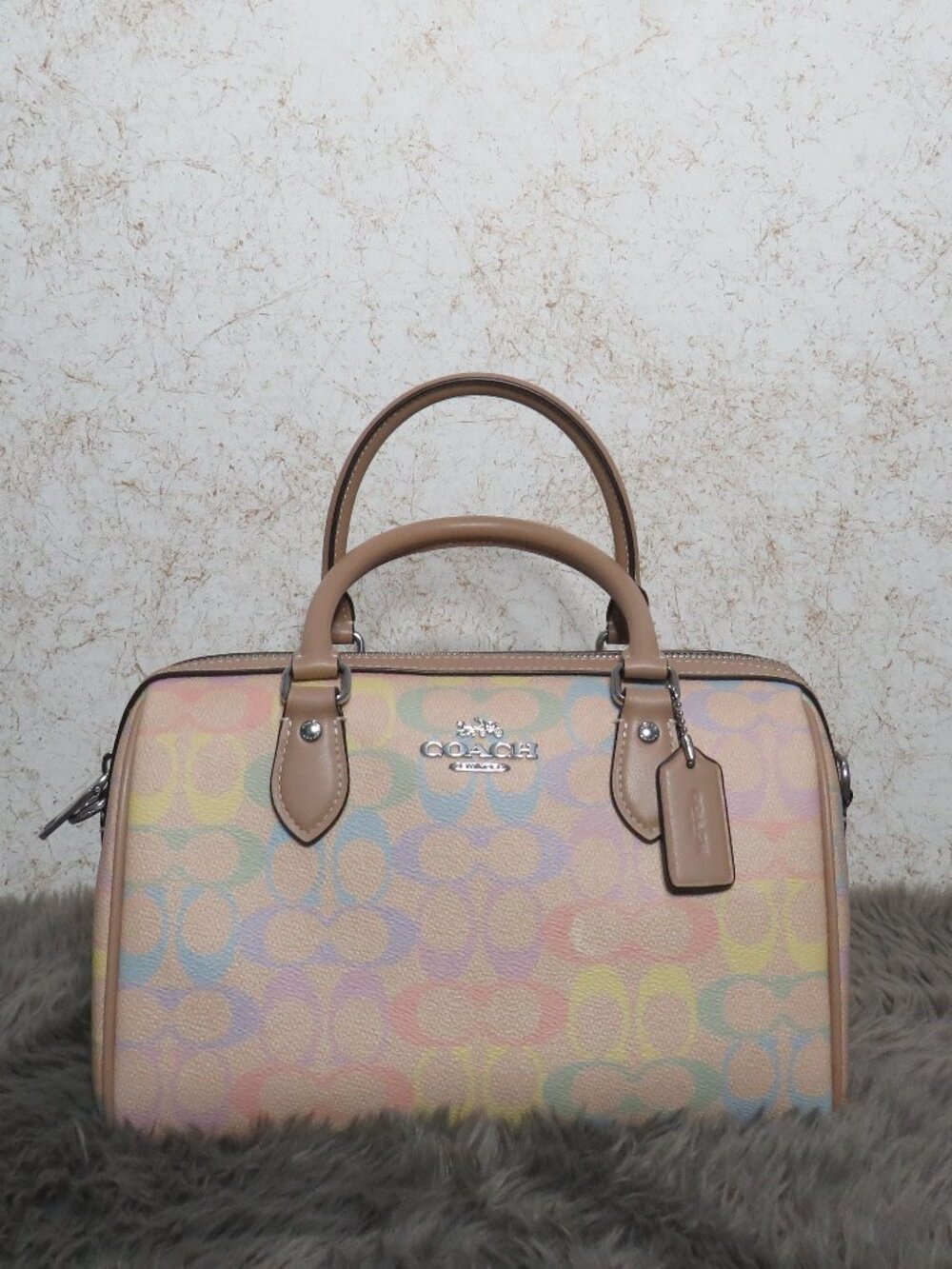 Coach Rowan Satchel in Signature Rainbow Canvas (Sand)